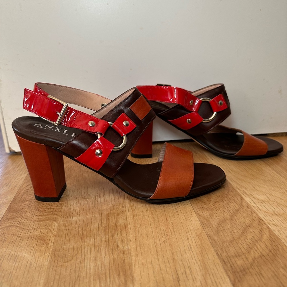 Anyi Lu Red and Brown Strappy Heels